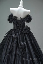 Black A-Line Off-The-Shoulder Tulle 3D Applique Long Formal Prom Dresses,Adult Ceremony Graduation Formal Prom Dresses