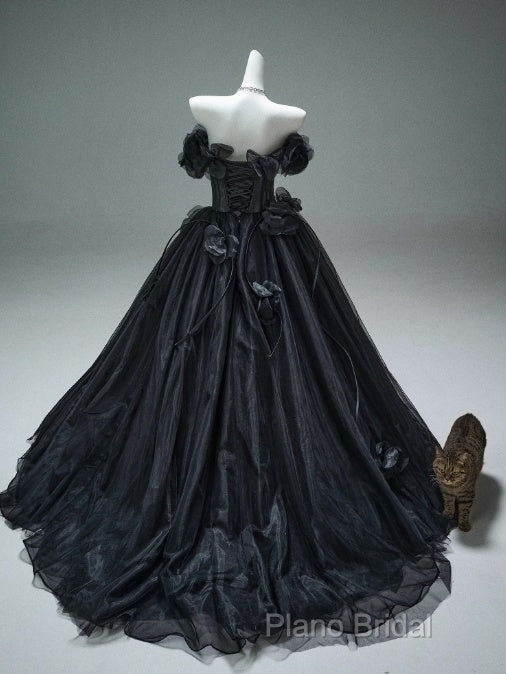 Black A-Line Off-The-Shoulder Tulle 3D Applique Long Formal Prom Dresses,Adult Ceremony Graduation Formal Prom Dresses