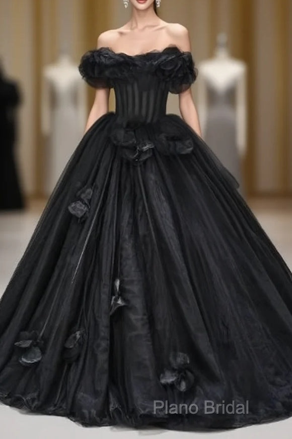 Black A-Line Off-The-Shoulder Tulle 3D Applique Long Formal Prom Dresses,Adult Ceremony Graduation Formal Prom Dresses Main image