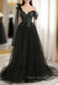 Black A line one Shoulder Tulle Long Formal Prom Dresses, Black Tulle Formal Dresses