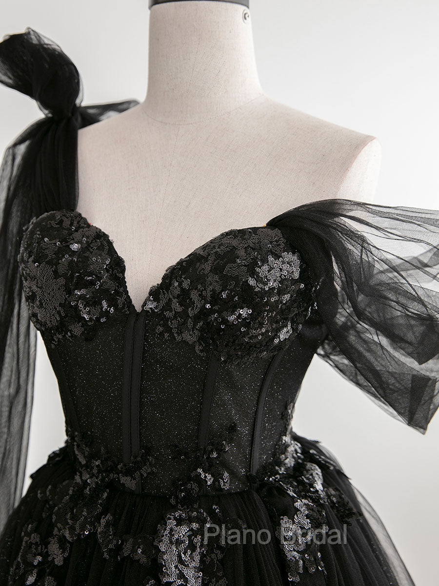 Black A line one Shoulder Tulle Long Formal Prom Dresses, Black Tulle Formal Dresses