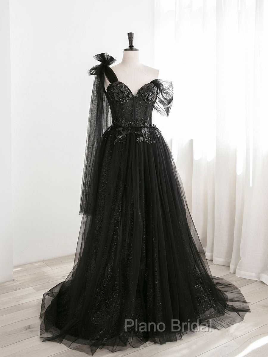Black A line one Shoulder Tulle Long Formal Prom Dresses, Black Tulle Formal Dresses Main image