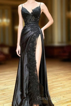 Black A-Line Paghetti Straps Split Lace Applique Formal Prom Dresses, Black Formal Dresses