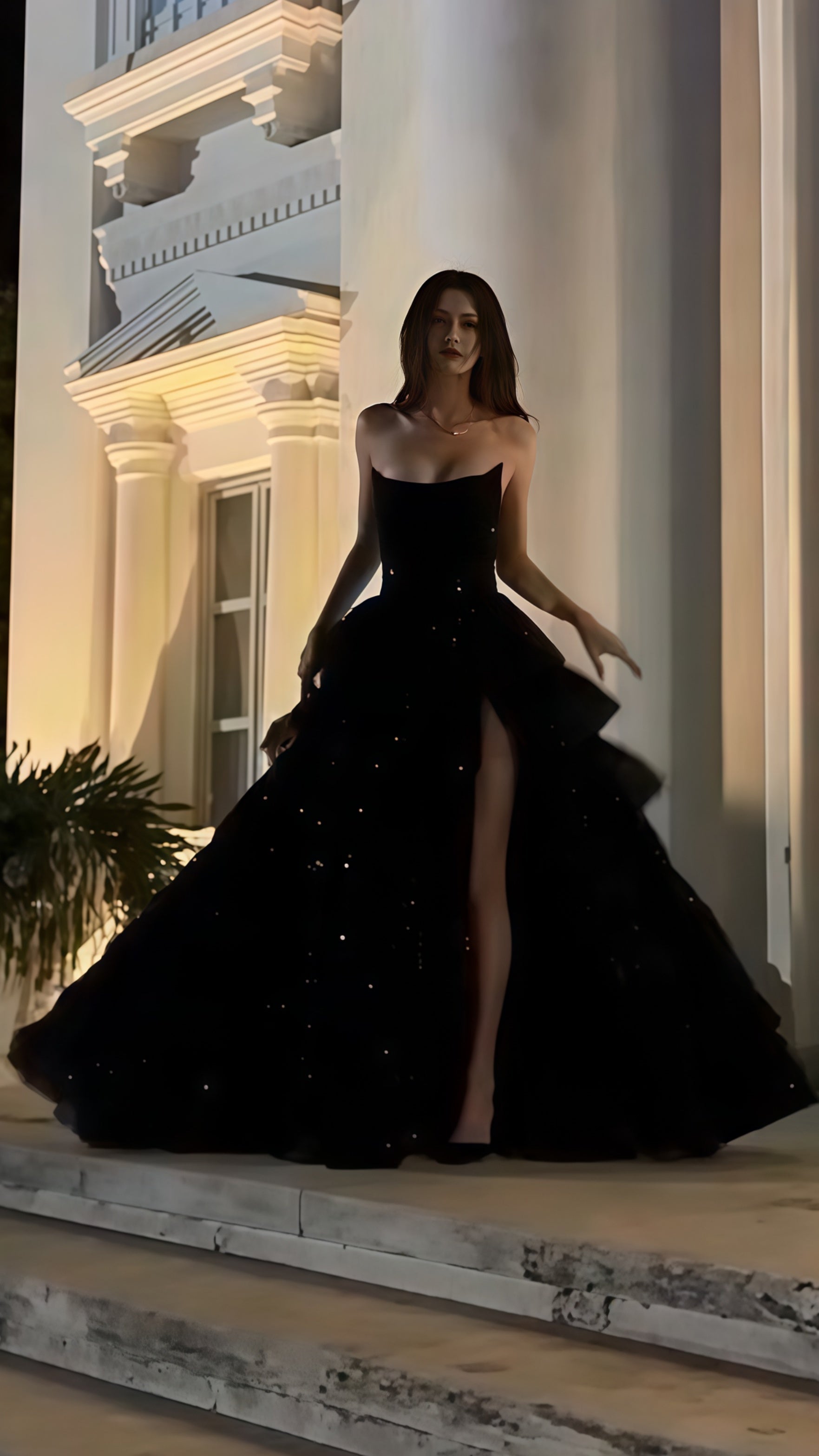 Black A-Line Ruffle Sequin Formal Prom Dresses Secondary image
