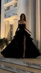 Black A-Line Ruffle Sequin Formal Prom Dresses