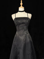 Black A-Line Satin With Lace Applique Formal Prom Dresses, Black Straps Long Party Dresses