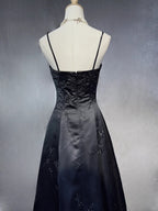 Black A-Line Satin With Lace Applique Formal Prom Dresses, Black Straps Long Party Dresses