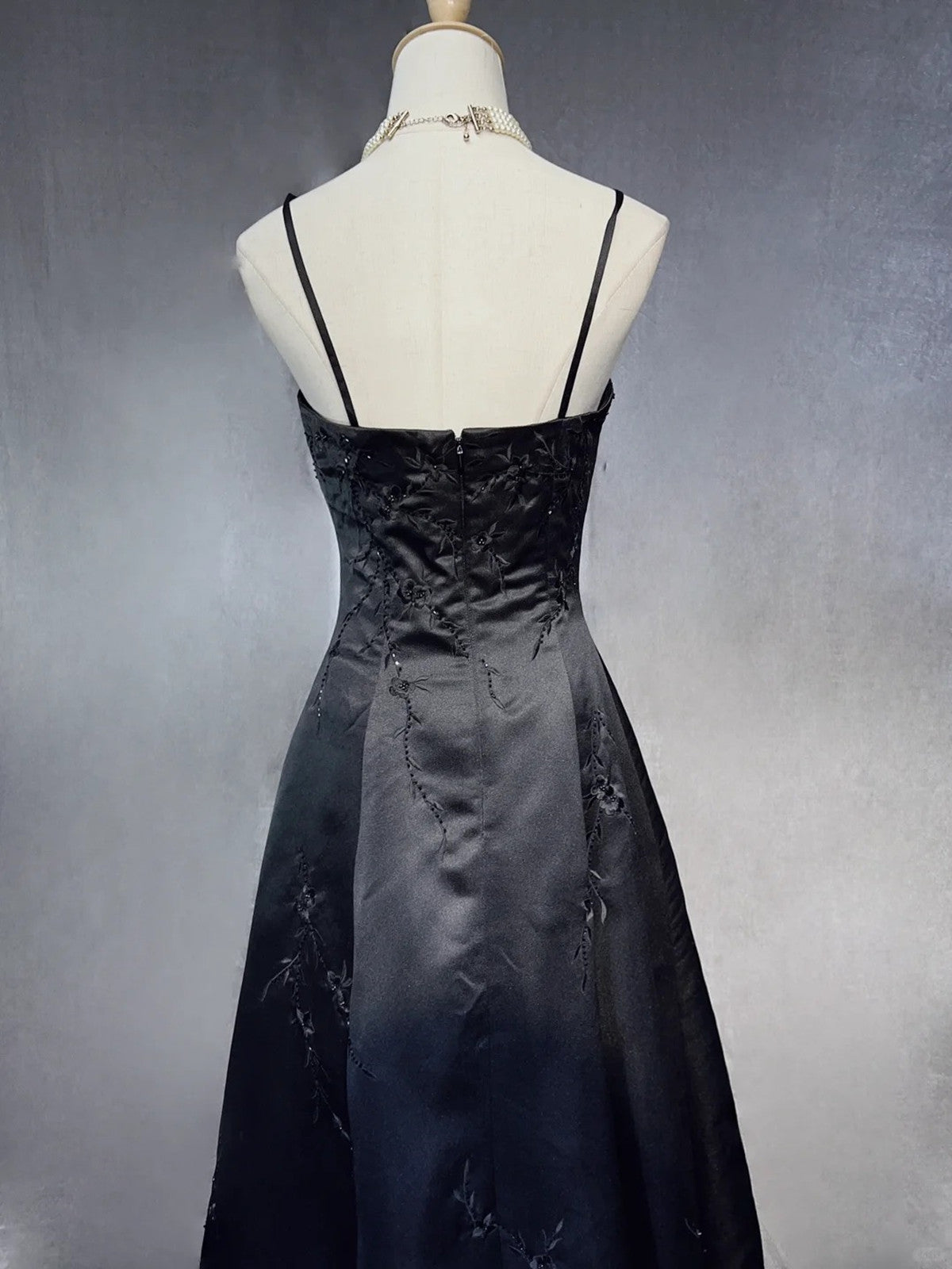 Black A-Line Satin With Lace Applique Formal Prom Dresses, Black Straps Long Party Dresses