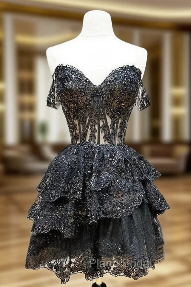 Black A-Line Sequin Tulle Short Formal Prom Dresses, Black Homecoming Dresses
