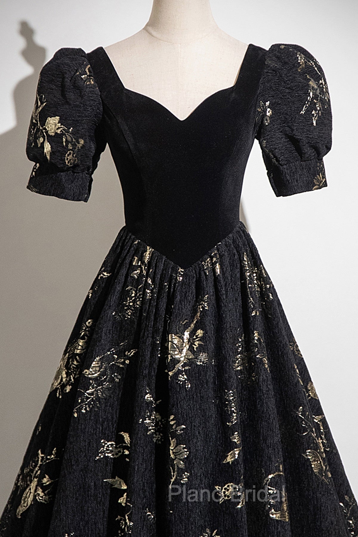 Black A-line Short Sleeves Sweetheart Floral Long PartY Dresses, Black Formal Prom Dresses