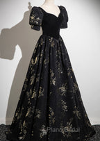 Black A-line Short Sleeves Sweetheart Floral Long PartY Dresses, Black Formal Prom Dresses