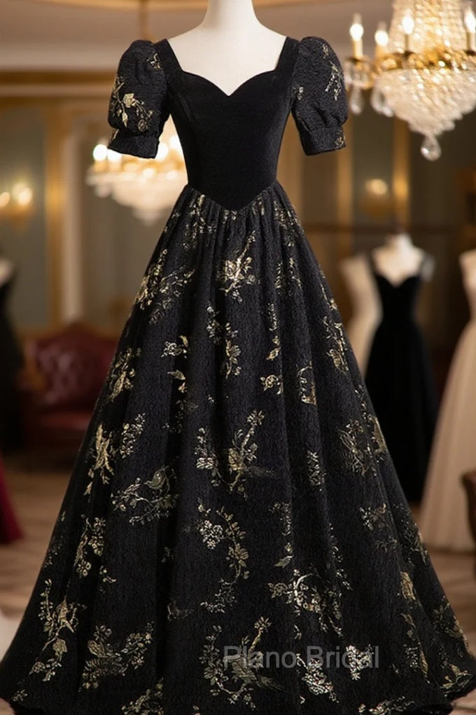 Black A-line Short Sleeves Sweetheart Floral Long PartY Dresses, Black Formal Prom Dresses