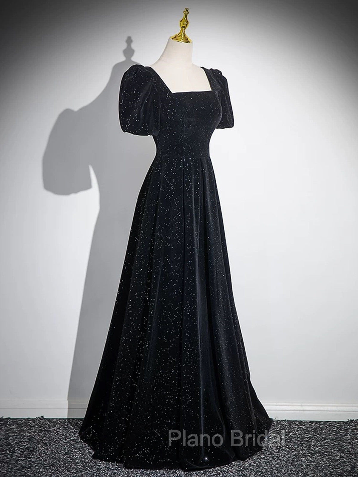 Black A-line Short Sleeves Velvet Simple Party Dresses, Black Evening Dresses Formal Prom Dresses