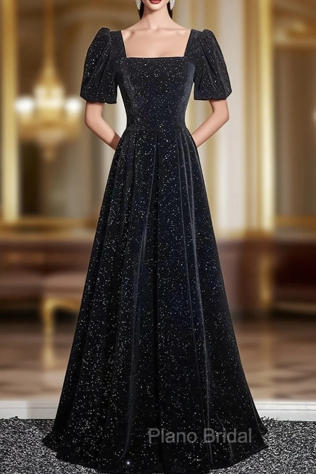 Black A-line Short Sleeves Velvet Simple Party Dresses, Black Evening Dresses Formal Prom Dresses Main image
