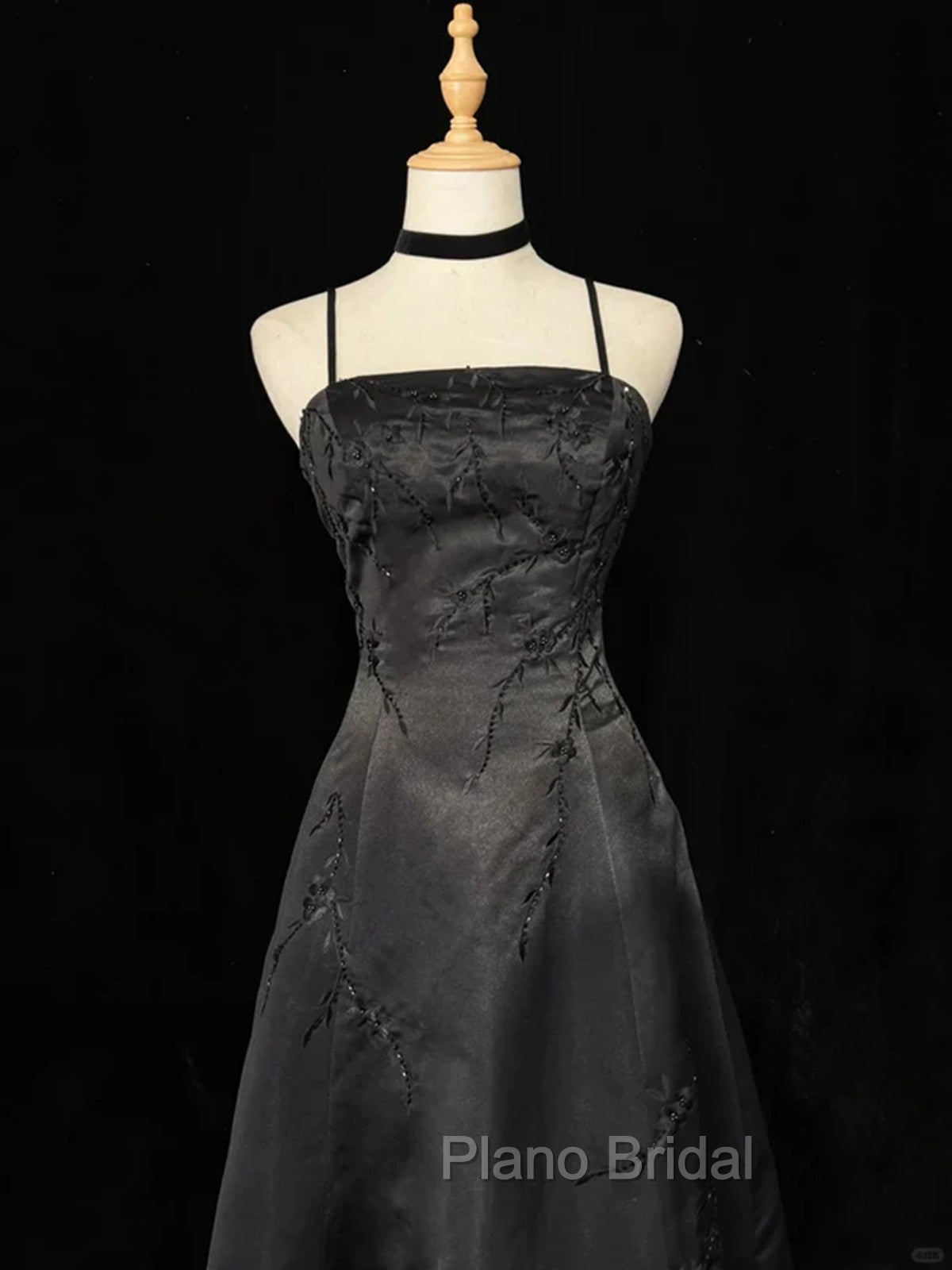 Black A-Line Straps Beaded Floor Length Party Dresses, Black Satin Long Formal Prom Dresses