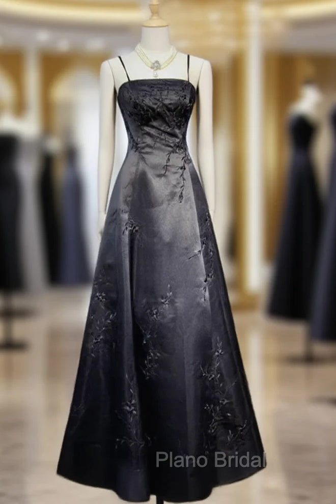 Black A-Line Straps Beaded Floor Length Party Dresses, Black Satin Long Formal Prom Dresses Main image