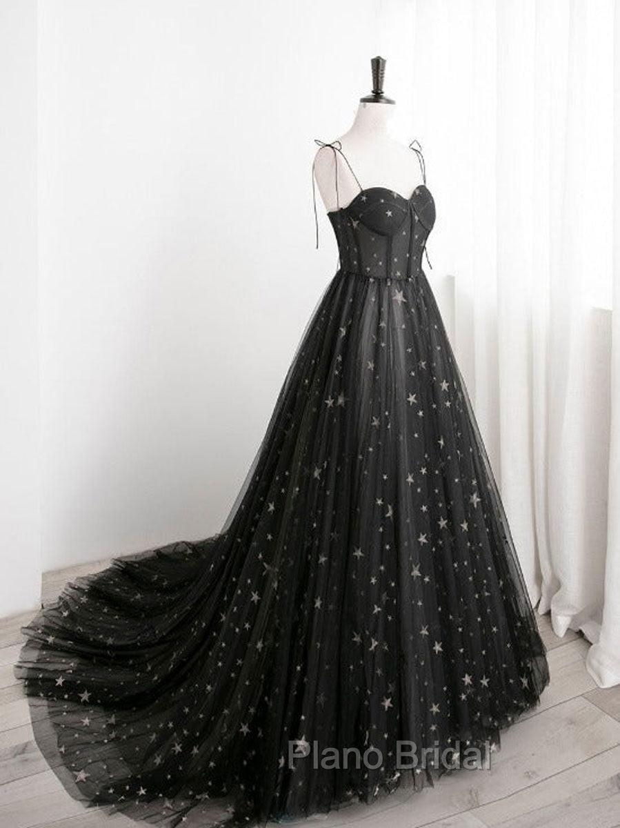Black A line Sweetheart Neck Tulle Long Formal Prom Dresses, Black Formal Graduation Dresses Main image