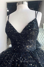 Black A-Line Tulle High Low Formal Prom Dresses, V-Neck Evening Party Dresses