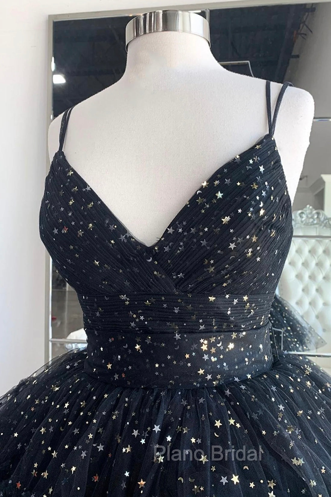 Black A-Line Tulle High Low Formal Prom Dresses, V-Neck Evening Party Dresses