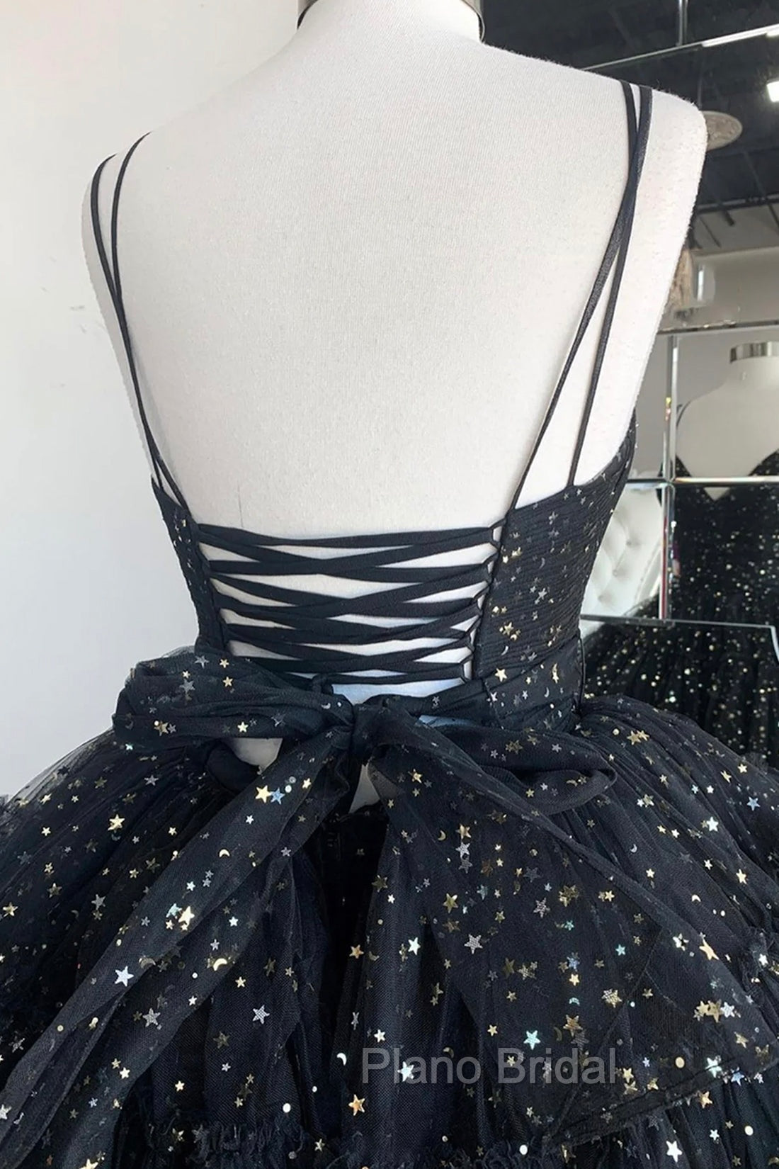 Black A-Line Tulle High Low Formal Prom Dresses, V-Neck Evening Party Dresses