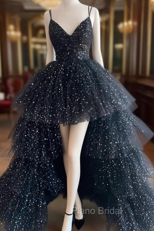 Black A-Line Tulle High Low Formal Prom Dresses, V-Neck Evening Party Dresses