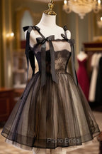 Black A-Line Tulle Lace Short Formal Prom Dresses, Black Lace Homecoming Dresses