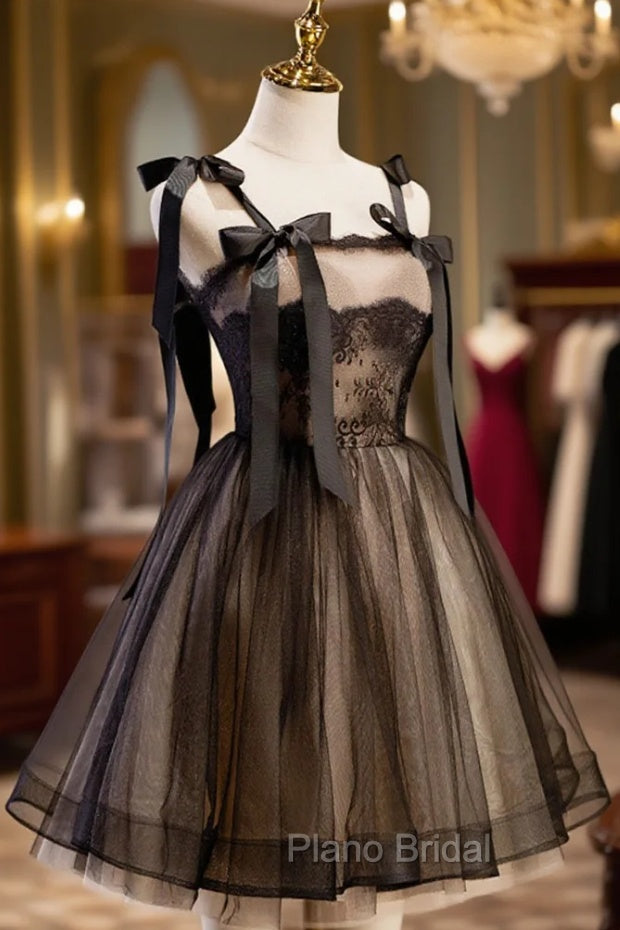 Black A-Line Tulle Lace Short Formal Prom Dresses, Black Lace Homecoming Dresses