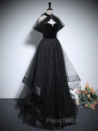 Black A-Line Tulle Long Formal Prom Dresses, Black Long Evening Dresses