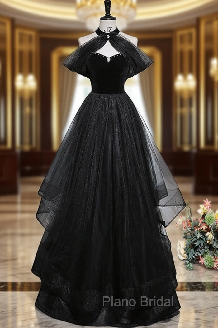 Black A-Line Tulle Long Formal Prom Dresses, Black Long Evening Dresses Main image