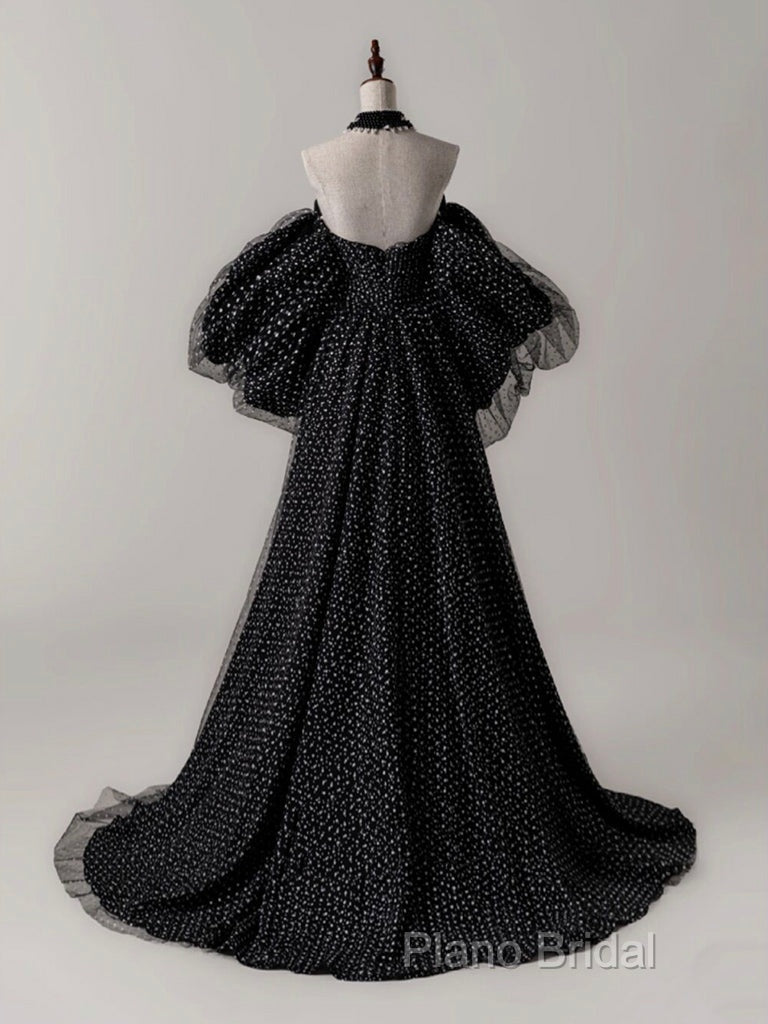 Black A- Line Tulle Long Formal Prom Dresses, Black Long Formal Dresses