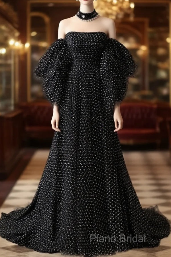 Black A- Line Tulle Long Formal Prom Dresses, Black Long Formal Dresses Main image