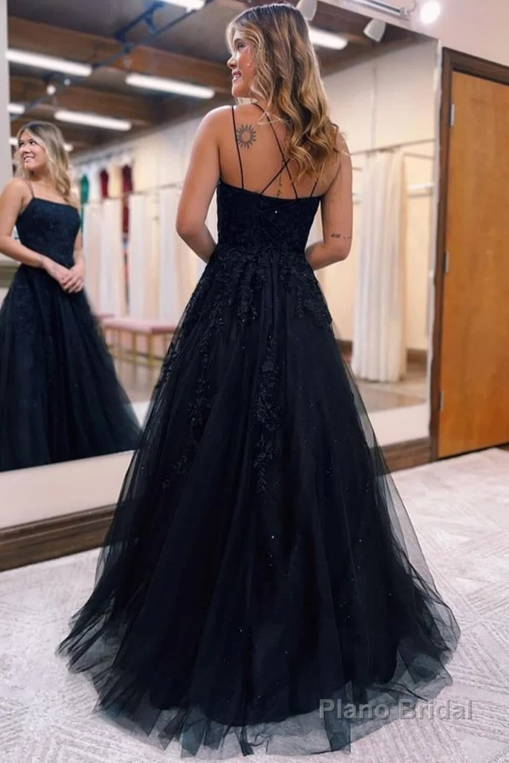Black A-Line Tulle Long Prom Dress with Lace Secondary image