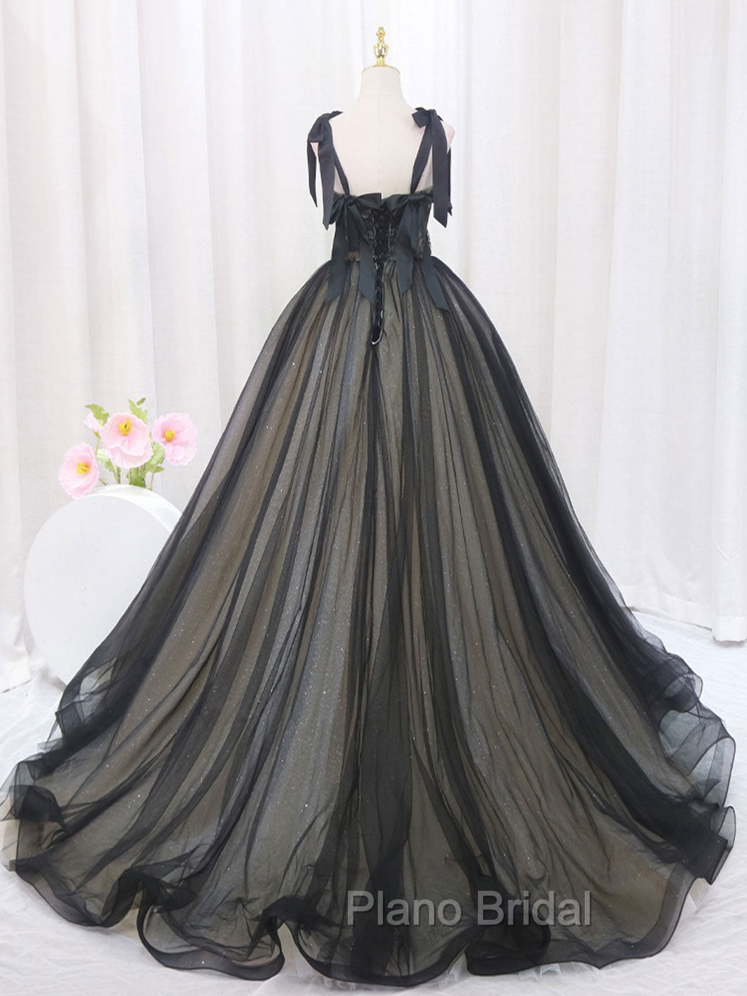 Black A-Line Tulle Long Formal Prom Dresses, Black Tulle Formal Evening Dresses Secondary image