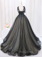 Black A-Line Tulle Long Formal Prom Dresses, Black Tulle Formal Evening Dresses