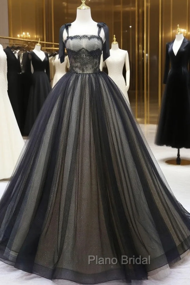 Black A-Line Tulle Long Formal Prom Dresses, Black Tulle Formal Evening Dresses Main image