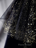 Black  A-Line Tulle Shiny Tulle Long Formal Prom Dress, Black Tulle Formal Dresses