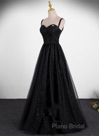 Black A-Line Tulle Straps Simple Long Formal Prom Dresses, Black Formal Dresses Party Dresses