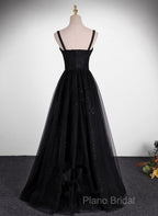 Black A-Line Tulle Straps Simple Long Formal Prom Dresses, Black Formal Dresses Party Dresses