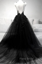 Black A-line Tulle with Lace Long Party Dresses, Black Formal Dresses Formal Prom Dresses