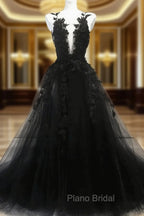Black A-line Tulle with Lace Long Party Dresses, Black Formal Dresses Formal Prom Dresses