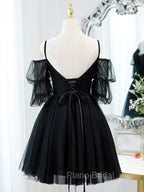 Black A line V Neck Lace Short/Mini Formal Prom Dresses, Black Puffy Homecoming Dresses