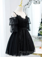 Black A line V Neck Lace Short/Mini Formal Prom Dresses, Black Puffy Homecoming Dresses