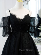 Black A line V Neck Lace Short/Mini Formal Prom Dresses, Black Puffy Homecoming Dresses