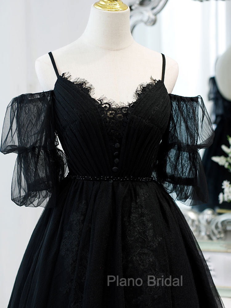 Black A line V Neck Lace Short/Mini Formal Prom Dresses, Black Puffy Homecoming Dresses