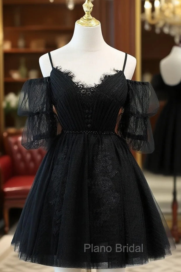 Black A line V Neck Lace Short/Mini Formal Prom Dresses, Black Puffy Homecoming Dresses Main image