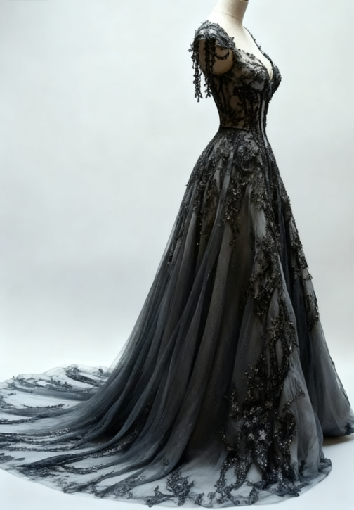 Black Appliques A-Line V-Neck Lace Tulle Sequin Long Formal Prom Dresses, Dark Gray Formal Evening Gowns Secondary image