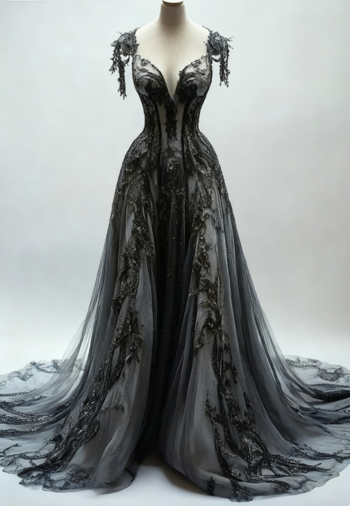 Black Appliques A-Line V-Neck Lace Tulle Sequin Long Formal Prom Dresses, Dark Gray Formal Evening Gowns