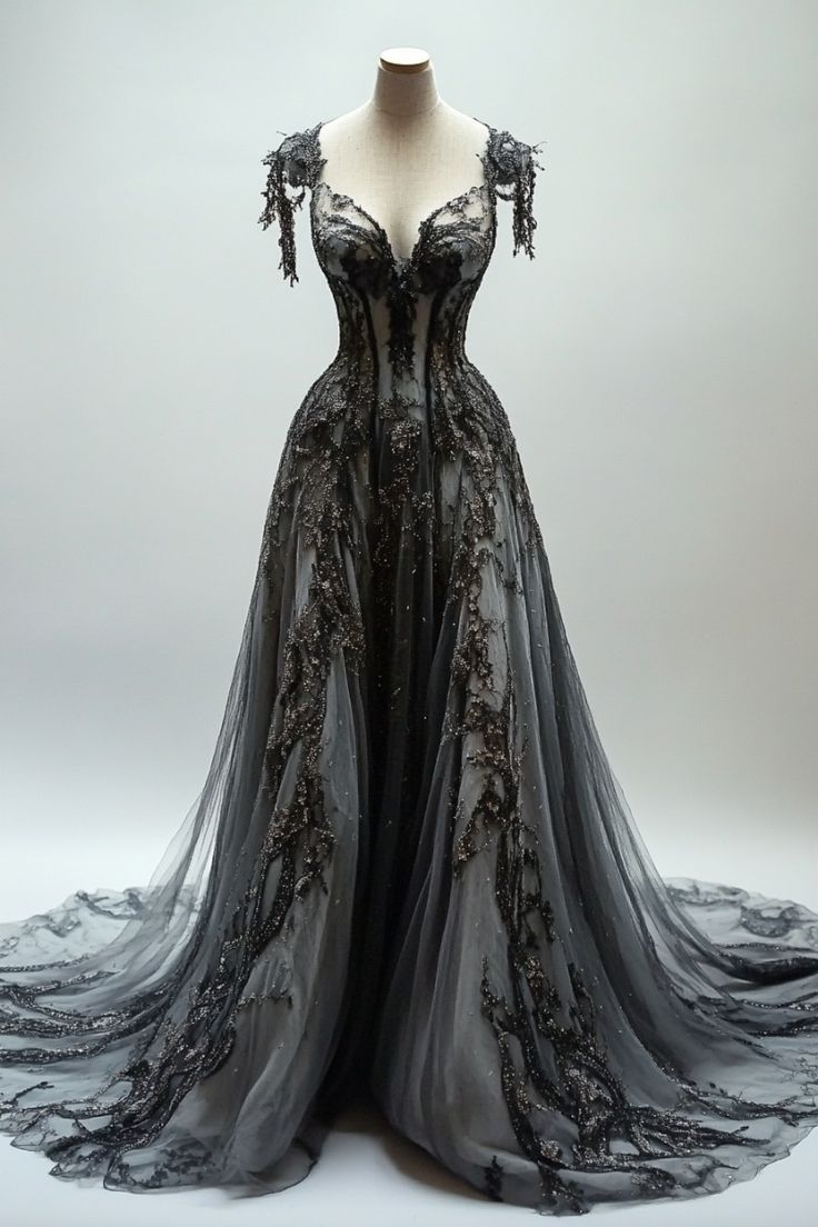 Black Appliques A-Line V-Neck Lace Tulle Sequin Long Formal Prom Dresses, Dark Gray Formal Evening Gowns Main image