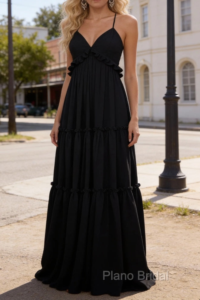Black A-line V Neck Sleeveless Floor-Length Chiffon Prom Dress Long Prom Dresses Backless with Pleated Ruffles Secondary image