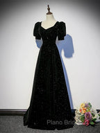 Black A-line Velvet Long Formal Prom Dresses Party Dresses, Black Short Sleeves Formal Prom Dresses